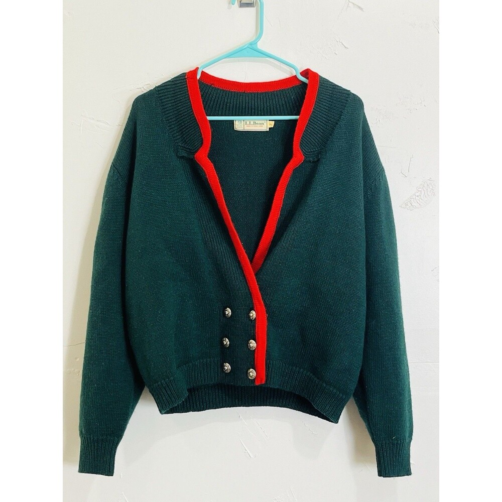 Vintage LL Bean Wool Green Red Cardigan Sweater XL Silver Buttons Christmas Hong